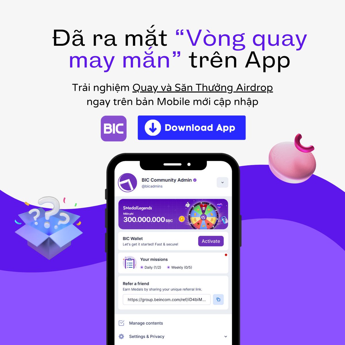BicAirdrop's tweet photo. 📱Bạn chưa khám phá "Vòng quay may mắn" trên ứng dụng #BicGroup ?

✅ Cài app và join to earn, thực hiện nhiệm vụ mỗi ngày và săn Airdrop miễn phí

👉Tải xuống ngay tại:
Android: https://t.co/WS3RuRFORq
IOS: https://t.co/IONXE20CPn https://t.co/fu4ALuZi2r
