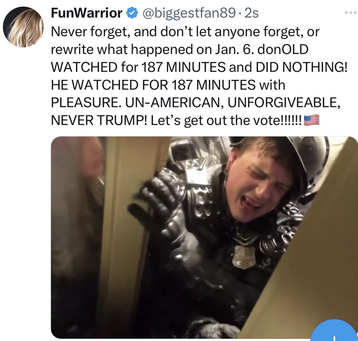 biggestfan89's tweet image. We’ve got your back! And my family of 4 voted for Kamala. And in case anyone forgot…
He WATCHED for 187 minutes and DID NOTHING. HE WATCHED. He’s a sick specimen.