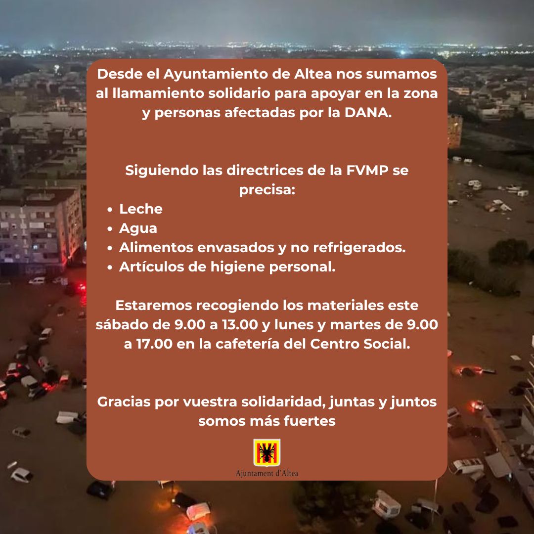 AjuntamentAltea's tweet photo. [VAL] ⚫️➡️Habilitat punt de recollida de materials per a persones afectades per la DANA a Altea .
[CAS] ⚫️➡️Habilitado punto de recogida de materiales para personas afectadas por la DANA  en Altea.
#Dana #ayuda #ajuda https://t.co/Brc3qhakdA