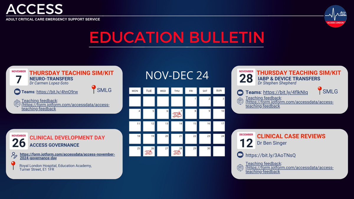 📅 Exciting educational events are lined up for the rest of the year! Check the ACCESS Calendar for details. Open to everyone—just need an NHS email to join!
ACCESS Calendar: access-london.nhs.uk/calendar/   #Criticalcaremedicine #CPD #Development #Transfermedicine #Anaesthetics #ITU