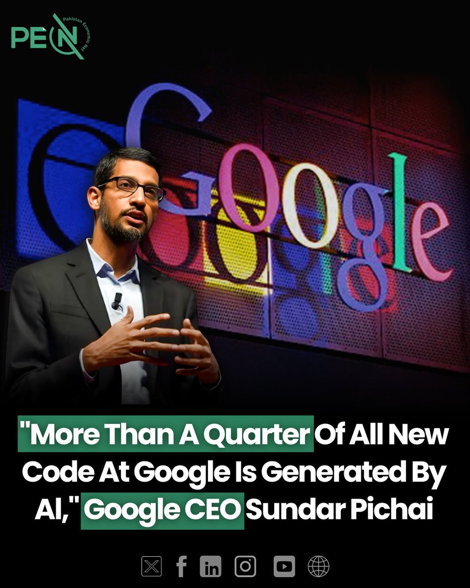 NetPakistan's tweet image. During Google's third-quarter 2024 earnings call, #CEO Sundar Pichai revealed an interesting detail: AI now generates over 25% of the company’s new code, with human engineers conducting the reviews.
pakeconet.com.pk
#GoogleAI #AICodeGeneration #SundarPichai…