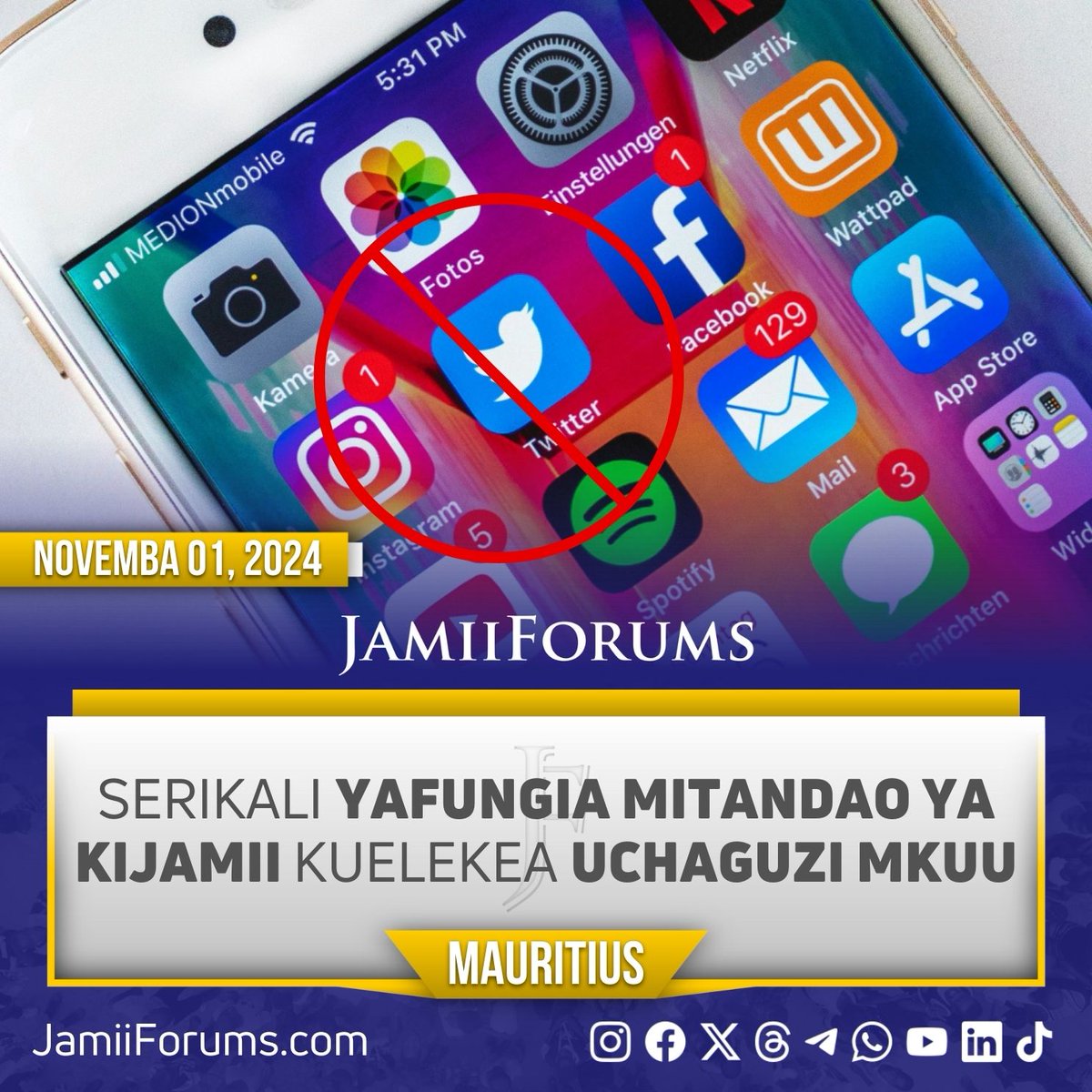 JamiiForums's tweet photo. Serikali ya #Mauritius imezuia upatikanaji wa Mitandao ya Kijamii kuanzia leo Novemba 1 hadi Novemba 11, 2024 ambayo itakuwa siku moja baada ya Uchaguzi Mkuu

Taarifa iliyotolewa na Kampuni ya Mawasiliano ya #EMTEL, imesema imeamriwa na Mamlaka ya Teknolojia ya Habari na Mawasiliano kuzuia upatikanaji wa Mitandao yote ya Kijamii kwaajili ya Usalama wa Taifa na Raia

Agizo hilo linafuatia uwepo wa kashfa iliyoibuliwa Oktoba 2024 ambapo rekodi za siri za Simu za Wanasiasa, Waandishi wa Habari, Asasi za Kiraia na Wanadiplomasia wa kigeni zilivujishwa Mtandaoni.

Soma https://t.co/2zsxERojbD

#MauritiusElection #JamiiForums #DigitalRights