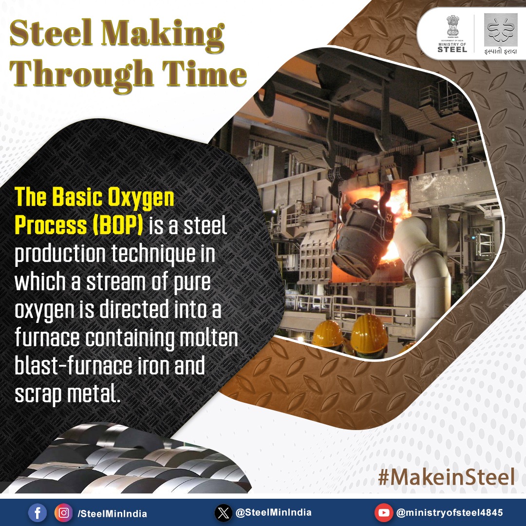 SteelMinIndia's tweet photo. From blast to brilliance, the Basic Oxygen Process (BOP) uses the power of pure oxygen to create #steel that's strong, sustainable, and ready for anything.

#SteelmakingThroughTime #MetallicMarvels #BasicOxygenProcess #IspatiGyan https://t.co/Kcxuarhx4U