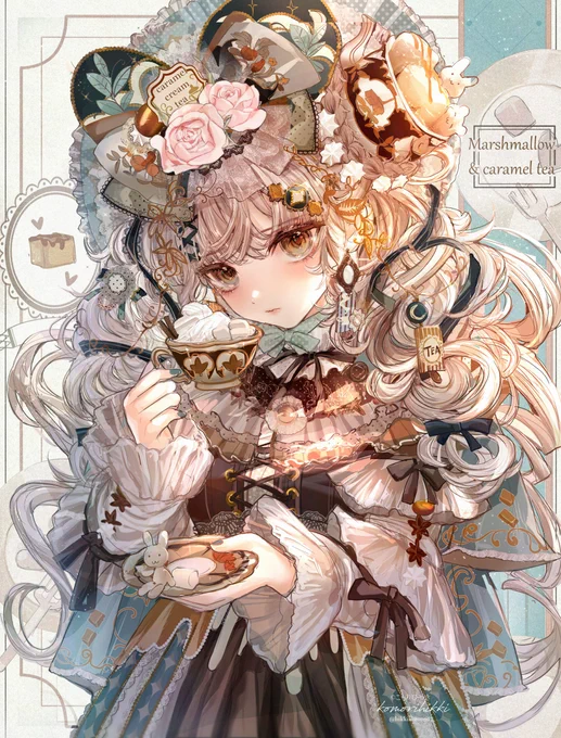 今日11月1日は 紅茶の日 ということで、お気に入りのキャラメルマシュマロ紅茶の妖精イラストです紅茶モチーフの妖精ファッションイラストを他も色々描いております  #紅茶の日 