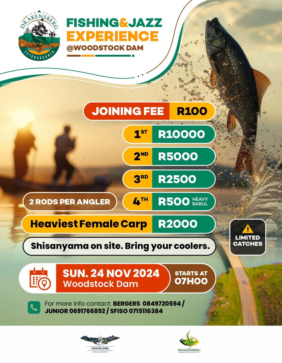 DrakensExtra's tweet photo. 🎣 Get ready for a soulful day at the 2024 Fishing &amp; Jazz Experience on November 24! 

Compete for amazing prizes, enjoy jazz music, and make unforgettable memories. Don’t miss out! 🥳🥳

#drakensbergextravaganza
#drakensbergextra2024
#drakensbergextra https://t.co/1bP6pCDneJ