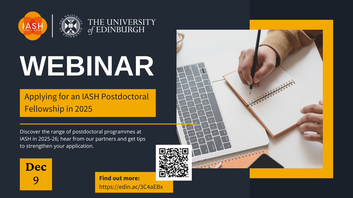 Calling all postdocs and early-career researchers!

If you wish to apply for an IASH Fellowship for 2025-26, please join our webinar on Monday 9 Dec at 13:00 UK time. The event will be recorded.

eventbrite.co.uk/e/webinar-appl…