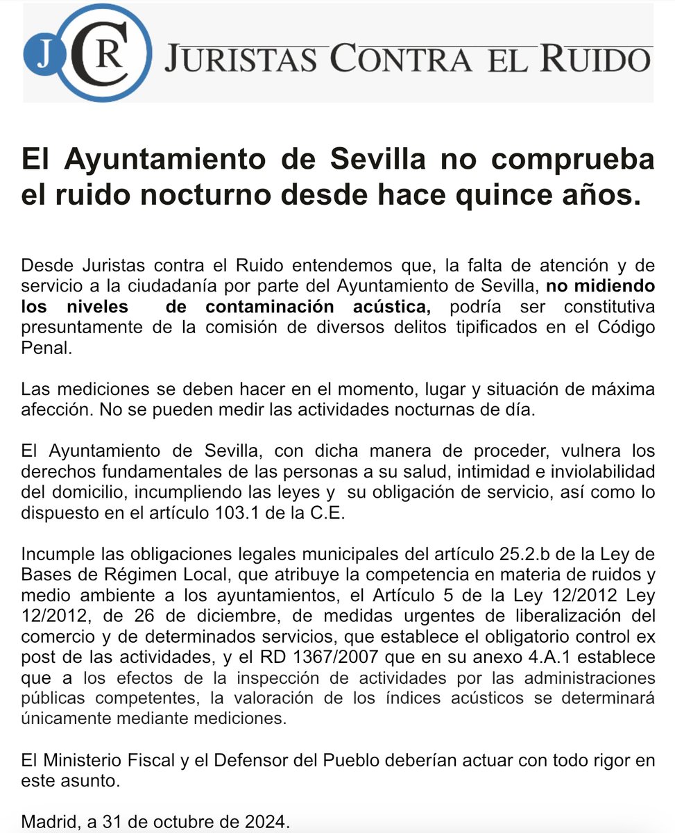 #ruido #Sevilla #mediciones <a href="/Ayto_Sevilla/">Ayuntamiento de Sevilla</a> <a href="/DefensorPuebloE/">Defensor del Pueblo</a> <a href="/SevillaCSIF/">CSIF Sevilla</a> <a href="/Yomaragv/">Yomara García Viera</a> <a href="/RayalamtnzAyala/">Ricardo Ayala</a> @Consumerista1 <a href="/lluisgallardo/">Lluís Gallardo</a> <a href="/emoureabogados/">emoure</a> <a href="/SerondaJuridico/">Seronda Jurídico</a> <a href="/abogadaruidos/">Abogadaruidos</a> <a href="/facuspat/">Federación Nacional Acústica y Patrimonio</a> <a href="/facontraelruido/">Federacion Asociaciones Contra el Ruido</a> <a href="/CCRuidOficial/">Campaña Contra el Ruido | Oficial</a> <a href="/AsociacionAecor/">Asociación Aecor</a> #derechosfundamentales #salud #ayuntamiento