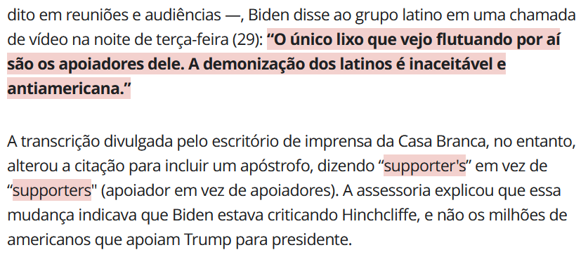 xuabi's tweet photo. @g1 Correção.
Não é "apoiador em vez de apoiadores".

Alterar de "supporters" pra "supporter's" altera a frase pra "O único lixo que vejo flutuando por aí é dos seus apoiadores".

As duas frases soam 100% iguais. Quem transcreve não tem como saber o sentido da frase. https://t.co/OIHyHdetmj
