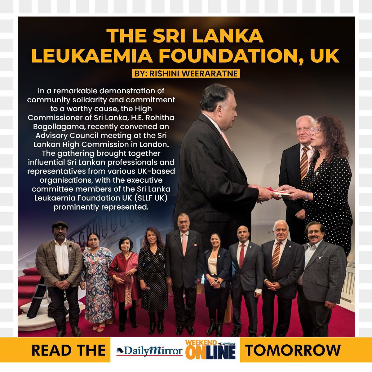 Dailymirror_SL's tweet photo. The Sri Lanka Leukaemia Foundation, UK. 
By Rishini Weeraratne 

Read the full story - 2nd November 2024, The Weekend Online, Daily Mirror. 

#Article #FeatureStory #RishiniWeeraratne #TheWeekendOnline #DailyMirror #SriLankaLeukaemiaFoundation #SLLF #UK #London #Colombo #SriLanka https://t.co/klnw8ryQ32