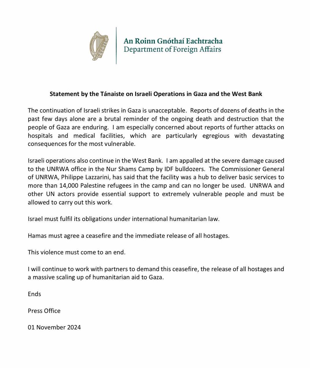 MichealMartinTD's tweet photo. The continuation of Israeli strikes in Gaza is unacceptable.  

Attacks on hospitals have devastating consequences for the vulnerable.
 
Israel must fulfil its obligations under international humanitarian law. 

Hamas must immediately release all hostages. The violence must end. https://t.co/yWYFPQuCve