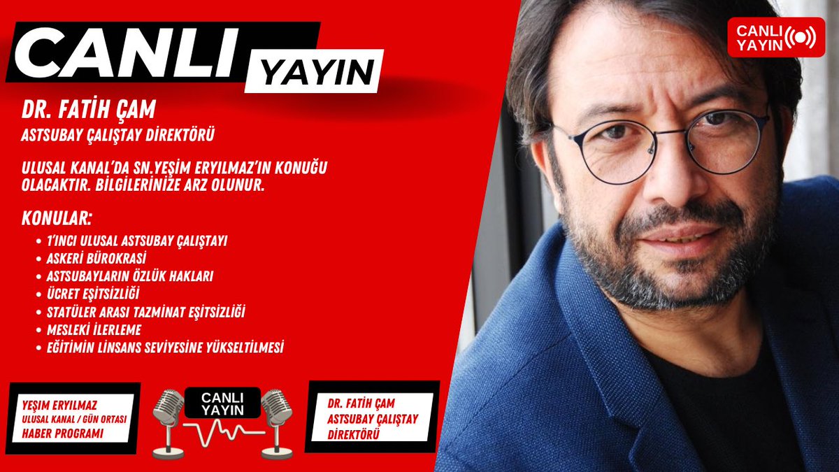 ZARGANA72's tweet photo. 📌| “CANLI YAYIN”

>>DİKKAT ! <<

1’inci Ulusal Astsubay Çalıştayı Direktörü 
Sn.Dr.Fatih ÇAM @fatihsib bey, 

ULUSAL KANAL’da “Gün Ortası”Programı’na https://t.co/lV6G6RETOvşim ERYILMAZ @yesimeryilmaz34 hanımefendinin konuğu olacaktır 

BUGÜN SAAT 14:00-14:45 arası. https://t.co/N9v3rK6WCS
