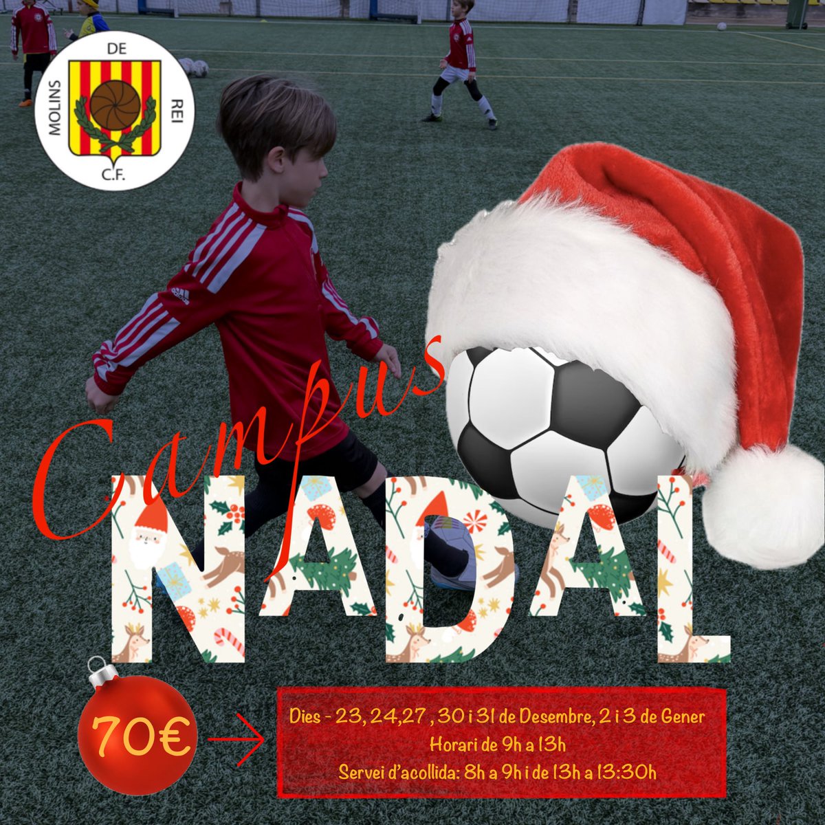 🟡🔴Aquest Nadal tecnificat al Molins de Rei CF‼️

🗓️ Dies 23, 24, 27, 30 i 31 desembre i 2, 3 de gener
🏷️ 70€ (sense samarreta)
🕒 De 9h a 13h
👨‍👦Servei d’acollida de 8h a 9h i 13h a 13:30h  amb previ avís

📌Inscripcions a molinsdereicf.com
