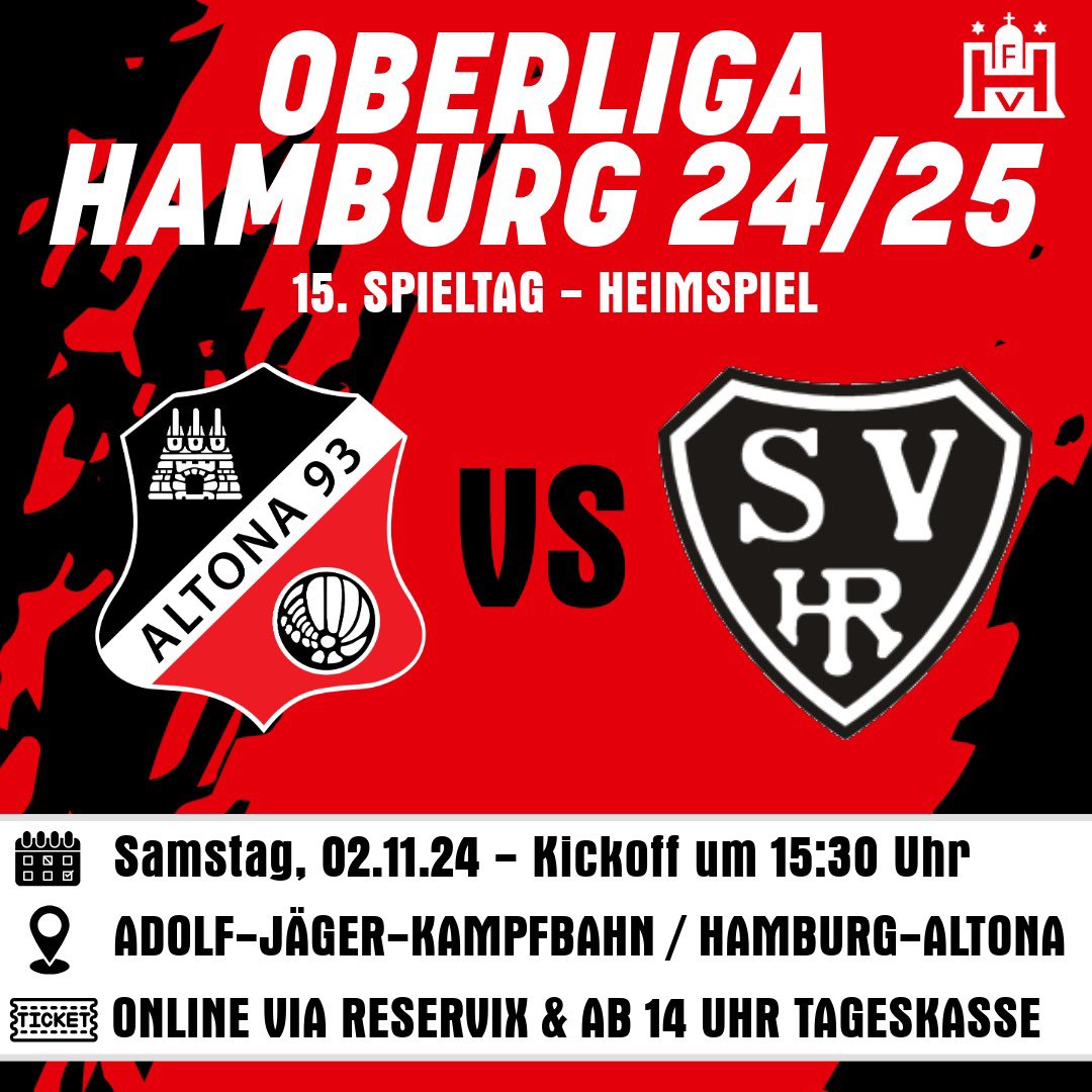 Schon mal für morgen vormerken, denn dann begrüßen wir die Mannschaft vom SV Halstenbek-Rellingen an der AJK.🥳 Los geht es wie immer um 15:30 Uhr und wir freuen uns auf jede Menge Unterstützung. Die Jungs sind heiß und wollen wie immer alles geben.😍 #altona93 #oberliga #hamburg