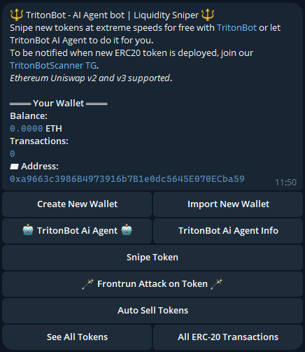 TritonBot_bot's tweet image. Inspired by @luna_virtuals, we decided to implement @virtuals_io AI Agent into TritonBot.

🤖 TritonBot AI Agent bot is a autonomous AI agent that interacts, trades and promotes memecoins.

Your wallet = Your TritonBot Agent 🤖

#ethereum #AIAgents #lunavirtuals #GoatseusMaximus