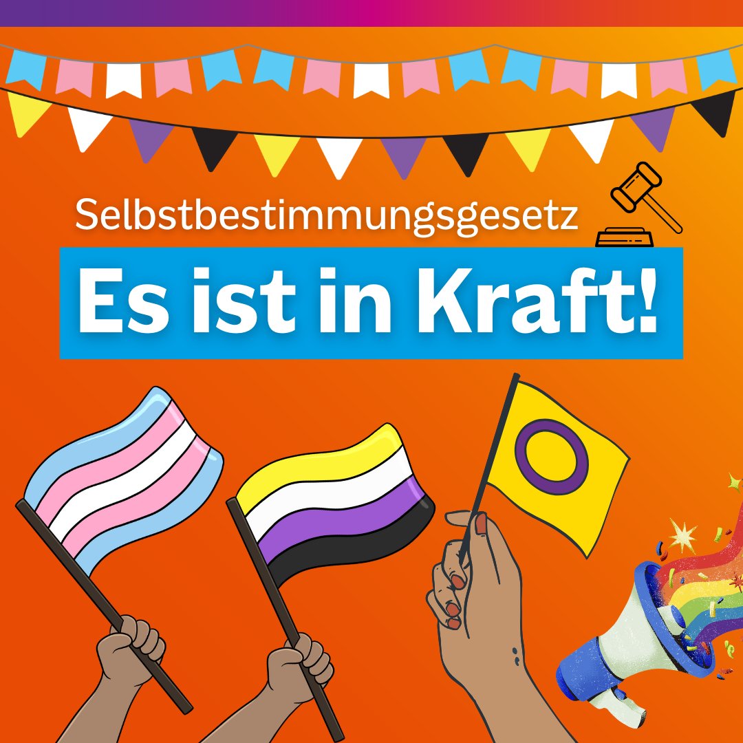 Heute tritt das #Selbstbestimmungsgesetz in Kraft: Der #Geschlechtseintrag kann nun selbstbestimmt direkt beim Standesamt geändert werden. Ein großer Schritt hin zu mehr #Akzeptanz geschlechtlicher #Vielfalt und Selbstbestimmung in Deutschland. Mehr Infos: tagesschau.de/inland/gesells…