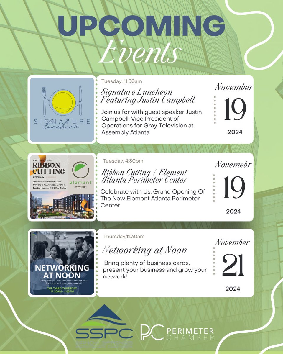 🌟✨ November is here, and it’s time to gear up for an amazing month! Check and register for our our amazing events here: …ness.sandyspringsperimeterchamber.com/events/calenda…

 #NovemberVibes #PerimeterEvents #sandysprings #businessnetwork