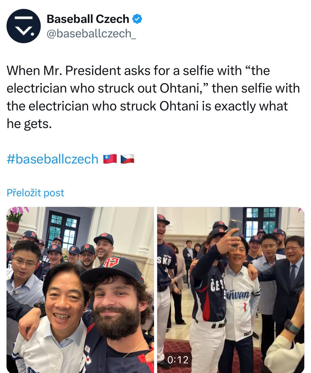 Full story behind Czech "electrician" <a href="/OndrejSatoria/">Ondřej Satoria / オンジェイ• サトリア</a> hugging President of Taiwan <a href="/ChingteLai/">賴清德Lai Ching-te</a>:

- Czechia is a 10-million country with a few thousand of dedicated but amateur baseball players.

- In 2023, Czech baseball had its Cinderella story - it qualified to World Baseball