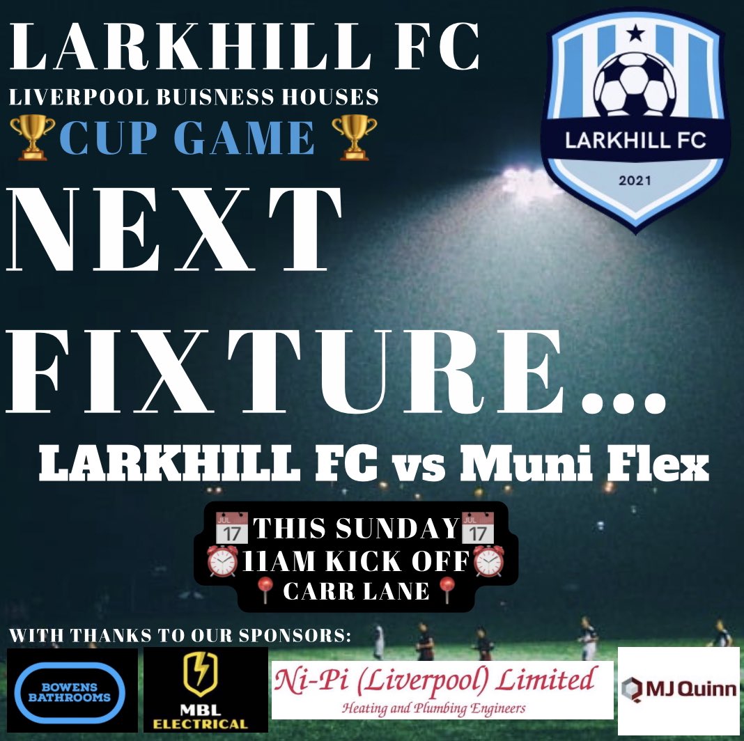 NEXT FIXTURE:

Cup game this Sunday for the lads. We can’t wait for this one🙏🏻⚽️ All welcome to come and support the team

With thanks to our sponsors