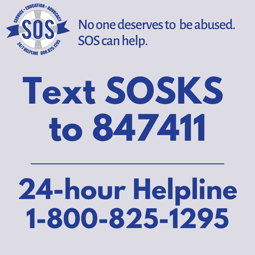 SOSKansas's tweet photo. No one deserves to be abused. SOS can help. 24-hour helpline 1-800-825-1295 or text SOSKS to 847411. 
Nadie merece ser abusado. SOS le puede ayudar. Línea de ayuda 24 horas 1-800-825-1295 o envía SOSKS al 847411. https://t.co/tLWWe73kLP