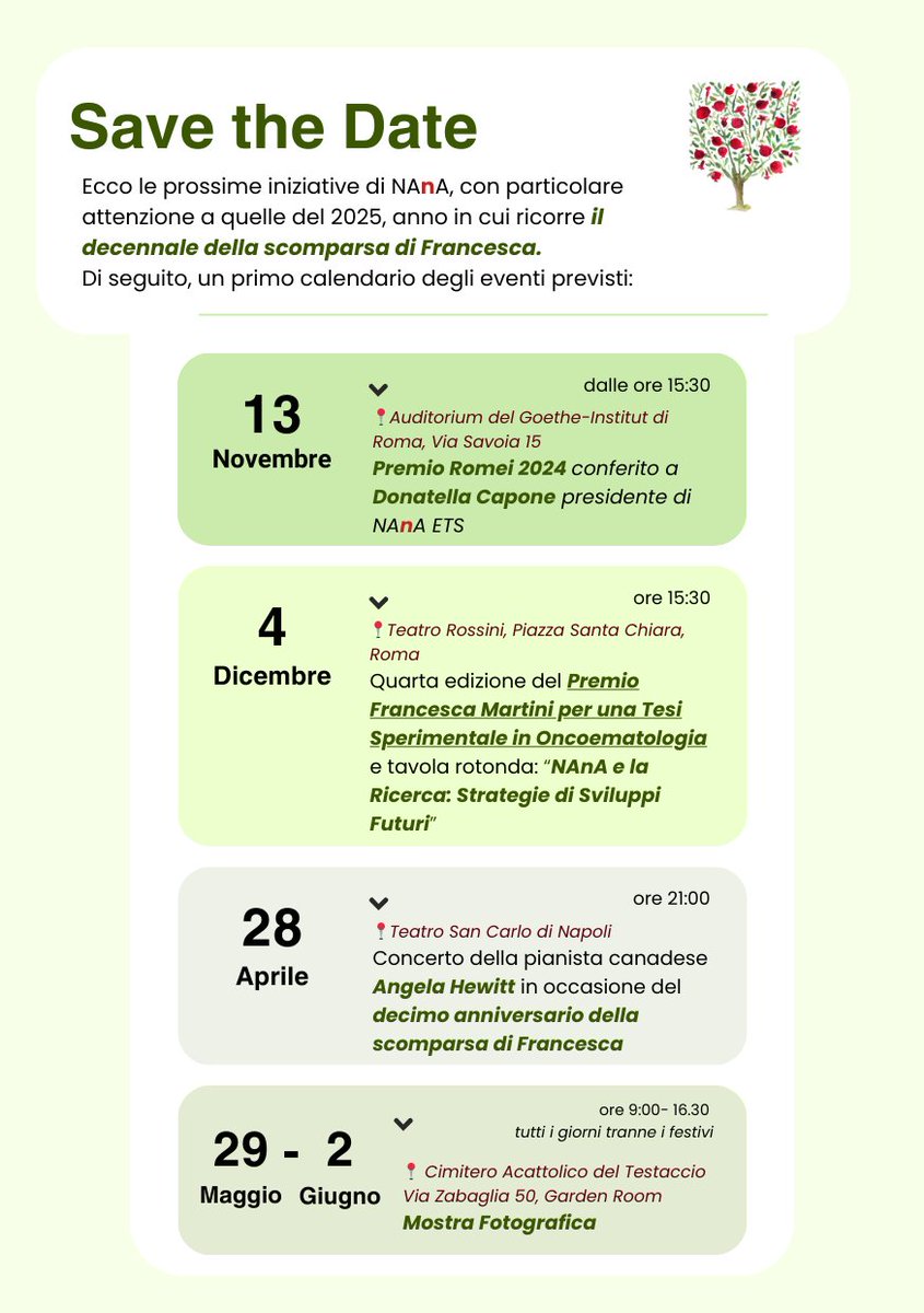 🌟 Save the Date! 🌟
Non perdetevi i prossimi eventi di NAnA! Segnate le date e scoprite tutti i dettagli qui sotto. 🌱

#PremioFrancescaMartini #ConcertoAngelaHewitt #SostieniLaRicerca <a href="/uniamofimronlus/">uniamomalattierare</a> <a href="/eurordis/">EURORDIS-Rare Diseases Europe</a>