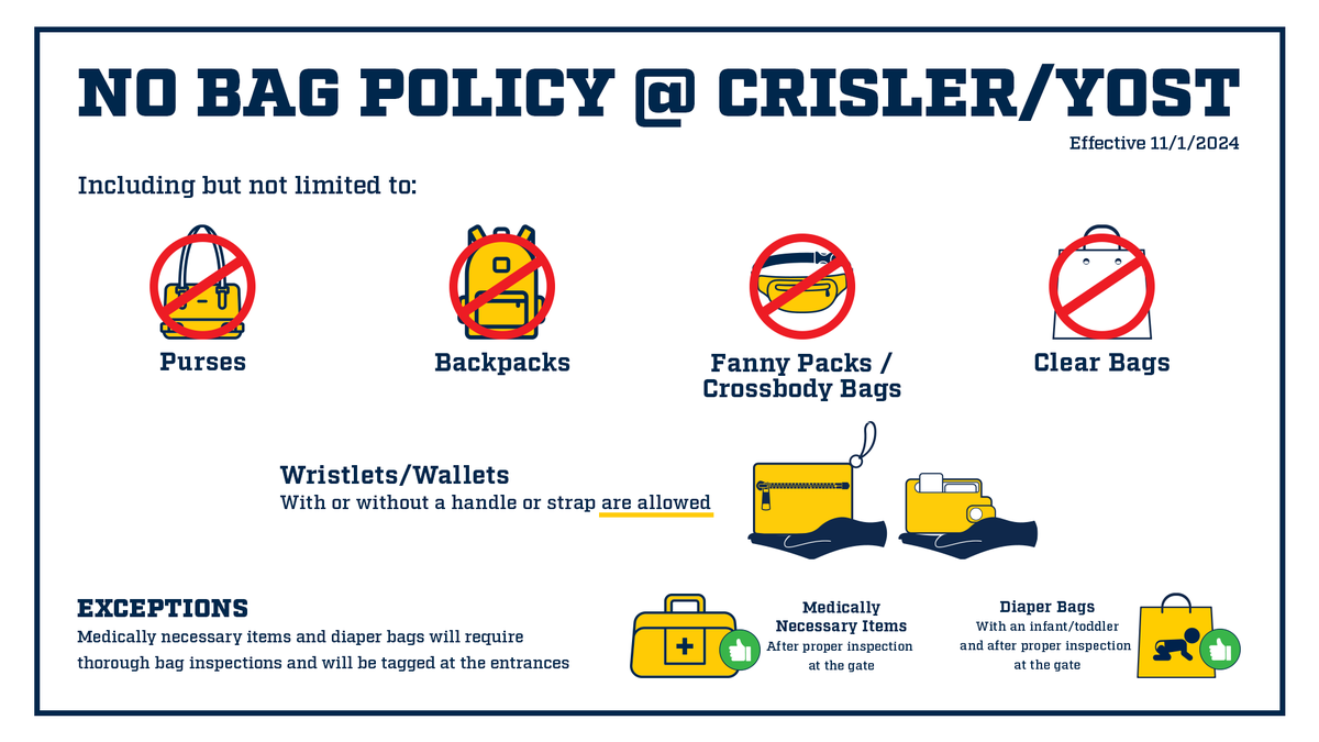 umichbball's tweet photo. IMPORTANT GAME DAY INFO: Beginning Nov. 1, the University of Michigan athletic department has implemented a "No Bag Policy" at Crisler Center and Yost Arena.

Read More 👉 https://t.co/yaUQupN0Xx

#GoBlue https://t.co/sFF09ypzil