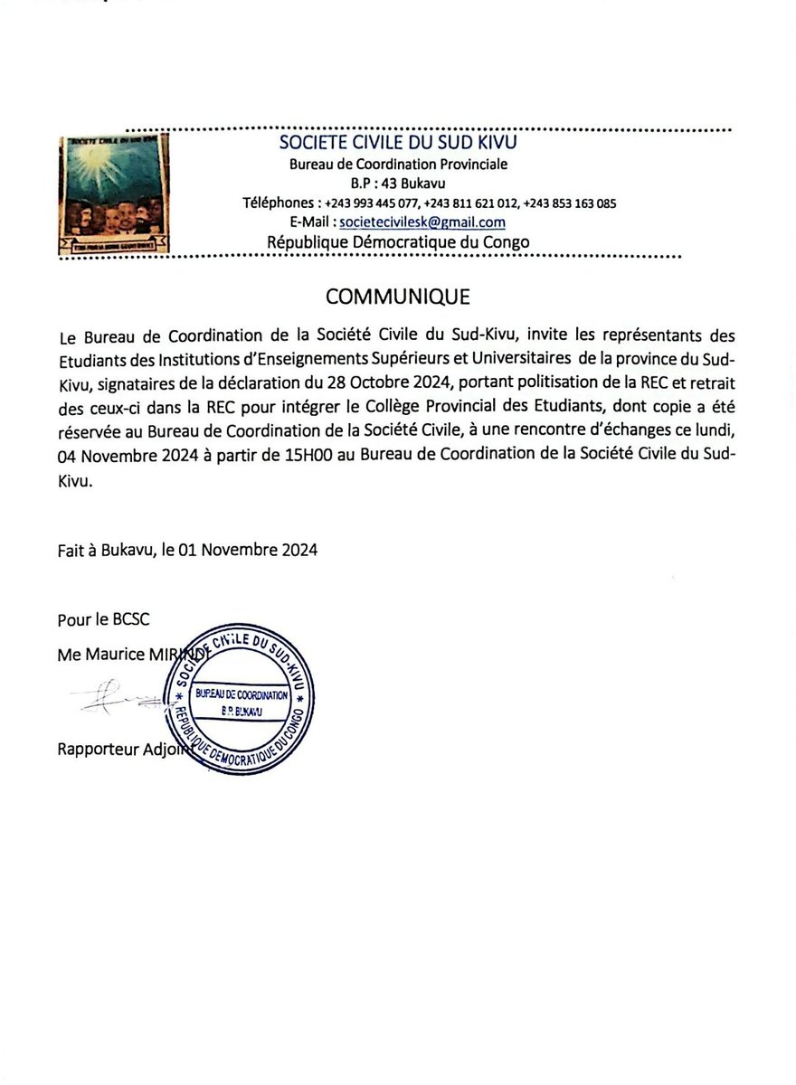 akizaarnoldkih's tweet image. Le Bureau de coordination d la #SOCIV_S_K décide  d&apos;accompagner les étudiants dans leur lutte d #redynamisation d leur structure en revenant au format #College_Provincial_des_Eudiants #CPE. Plus d gestion de prédation d la masse estudiantine. 
#halte à la #politisation.