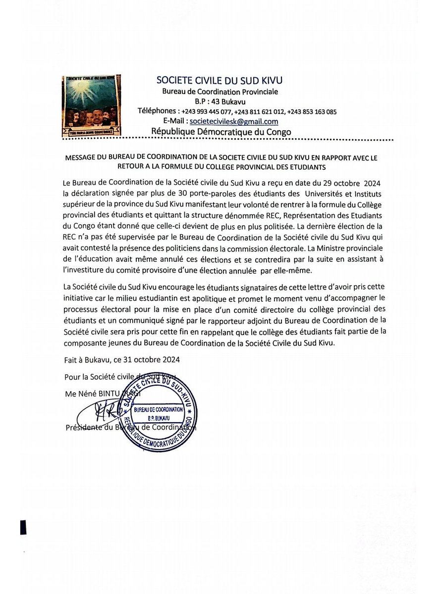 akizaarnoldkih's tweet image. Le Bureau de coordination d la #SOCIV_S_K décide  d&apos;accompagner les étudiants dans leur lutte d #redynamisation d leur structure en revenant au format #College_Provincial_des_Eudiants #CPE. Plus d gestion de prédation d la masse estudiantine. 
#halte à la #politisation.