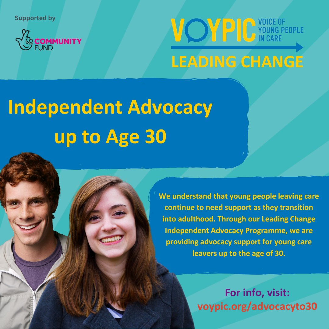 CARE LEAVERS' WEEK

We know that leaving care is a process, not an event. 

In #CareLeaversWeek, a reminder that we now provide independent #advocacy support for young #careleavers up to the age of 30 years old.

voypic.org/advocacyto30/

#careleaver #care #cep #ceyp