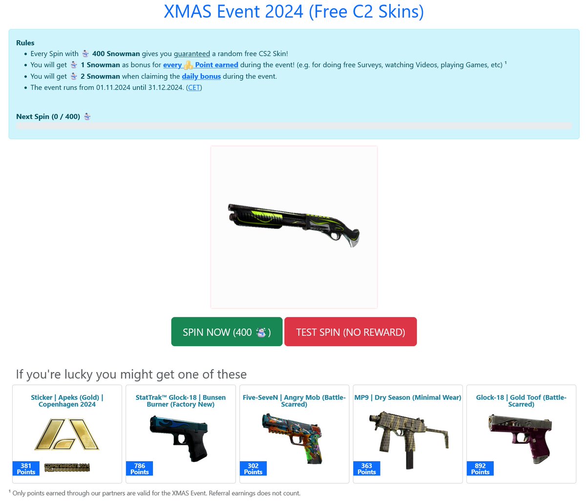 For our XMAS Event 2024 we offer an special XMAS Wheel, where every valid spin gives you guaranteed a random FREE CS2 SKIN! 🎁

➡️ cs2points.com/spin-the-wheel…

#CSGOGiveaway #Giveaway #CSGO #CSGOSkins #csgoskinsgiveaway #cs2 #CS2Giveaway