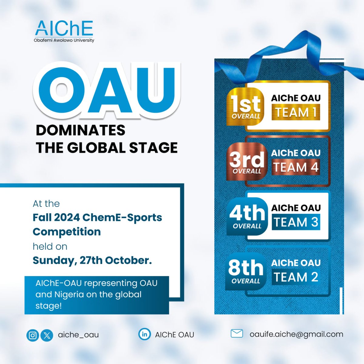 aiche_oau's tweet photo. *OAU Dominates the Global Stage! 🌍*

We’re thrilled to announce that *AIChE Obafemi Awolowo University Student Chapter* has once again proven its excellence on the world stage! 

At the *Fall 2024 ChemE-Sports Competition* held on Sunday, 27th October in San Diego, CA, USA. https://t.co/mYcTUMPN9E