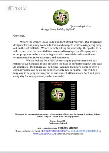SOFTBALL  FUNDRAISER🚨

The fundraiser will run from November 1st-December 2nd. The Lady Bulldogs Softball program, along with seeking banner sponsorships, have been asked to get local friends and family to also support. Find more info below!
