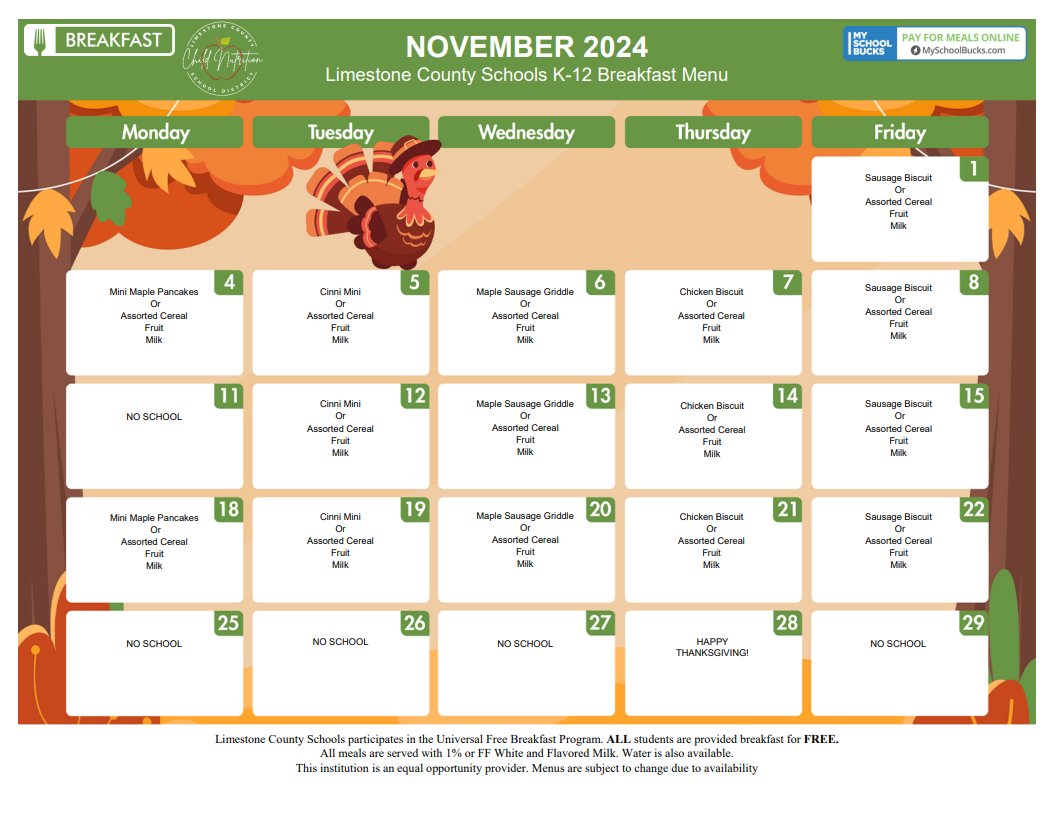 LCSforKids's tweet image. DINING: Breakfast and lunch menus for the month of November. Please keep in mind these are subject to change.