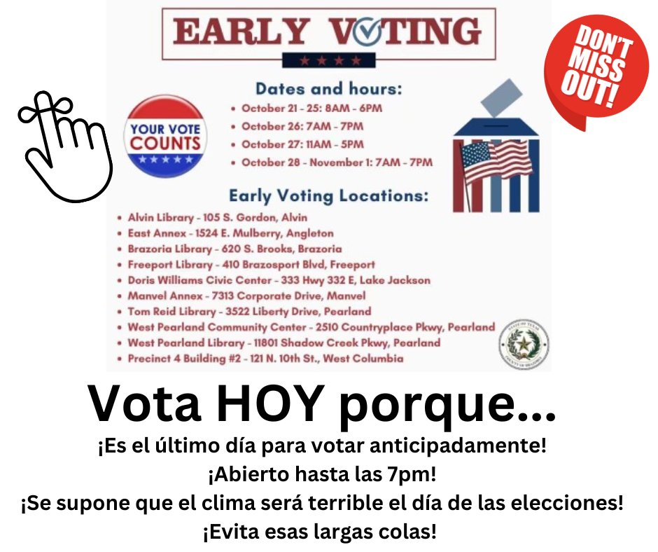 Early Voting Ends Today!

Vote TODAY because...
It's the last day to vote early!
Local voting centers are open until 7PM!
The weather is supposed to be terrible on election day!
Avoid the long lines!