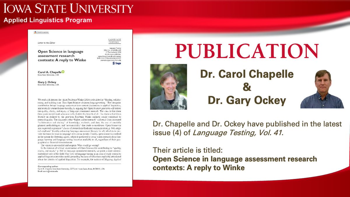 ISU App. Linguistics (@apling_iastate) on Twitter photo ๐ข New Publication Alert!
Dr. <a href="/cciastate/">Carol Chapelle</a> & Dr. <a href="/GaryOckey/">Gary Ockey</a> share insights on Open Science in <a href="/LangTestJournal/">Language Testing</a> (Vol. 41, Issue 4).
Their article emphasizes the need to balance Open Science with real-world applications and local contexts.
bit.ly/LTest41 ๐ข New Publication Alert!
Dr. <a href="/cciastate/">Carol Chapelle</a> & Dr. <a href="/GaryOckey/">Gary Ockey</a> share insights on Open Science in <a href="/LangTestJournal/">Language Testing</a> (Vol. 41, Issue 4).
Their article emphasizes the need to balance Open Science with real-world applications and local contexts.
bit.ly/LTest41