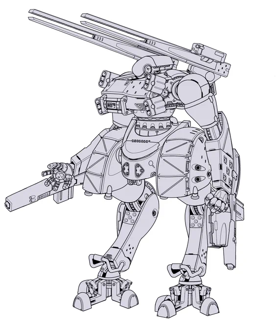 アン・オー・2ndバレル(砲撃戦仕様)。以前描いた武装バリエーション案を元にクリンナップした線画決定稿です。遠距離から砲撃して僚機を支援。砲撃後はホバリングして素早く移動します。#WearableShell   #オリメカ #ウェアラブルシェル #アン・オー・2ndバレル 