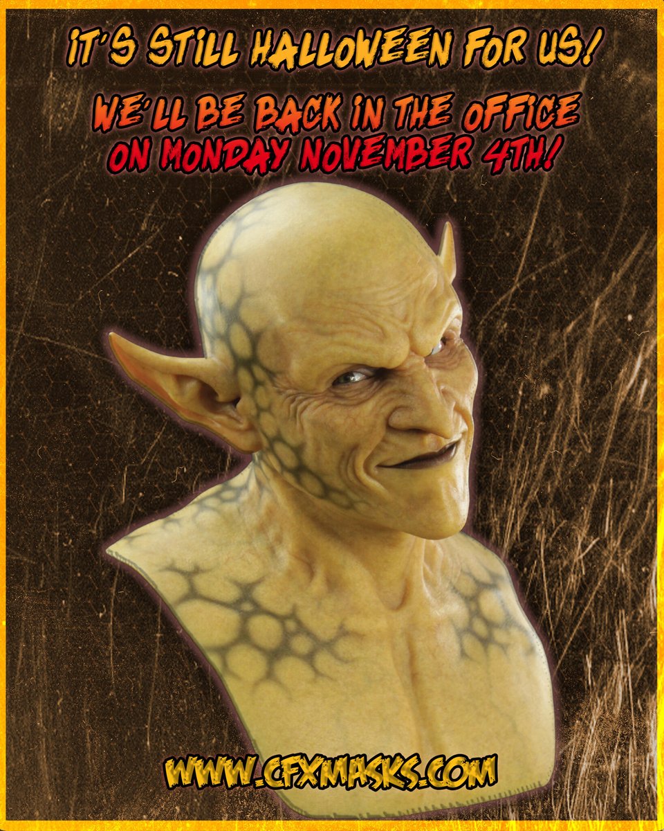 CFXunmasked's tweet photo. We’ve worked hard all year, and we’re takin the weekend off!
💀
We'll be back in the shop on Monday, November 4th to make your silicone mask dreams (or nightmares) come true and answer emails, calls and process orders upon our return!
#CFXMasks #CFX #CompositeEffects https://t.co/oXUrOzn1HR
