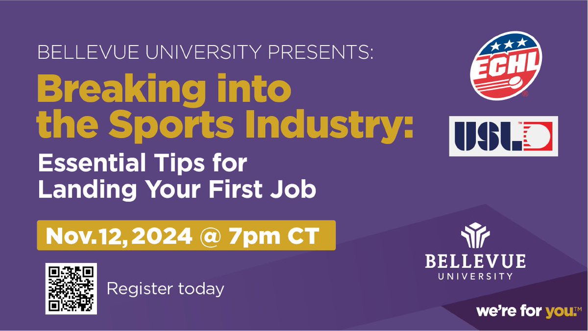 Bellevue University (@bellevueu) on Twitter photo Register for our upcoming Career Speaker Series, Breaking into the Sports Industry. Leaders from <a href="/ECHL/">ECHL</a> and <a href="/USLChampionship/">USL Championship</a> will join us on Tues, 11/12, @ 7 p.m. CT for a virtual event. They will provide insight into how to stand out in this competitive job market. <a href="/USLLeagueOne/">USL League One</a> Register for our upcoming Career Speaker Series, Breaking into the Sports Industry. Leaders from <a href="/ECHL/">ECHL</a> and <a href="/USLChampionship/">USL Championship</a> will join us on Tues, 11/12, @ 7 p.m. CT for a virtual event. They will provide insight into how to stand out in this competitive job market. <a href="/USLLeagueOne/">USL League One</a>