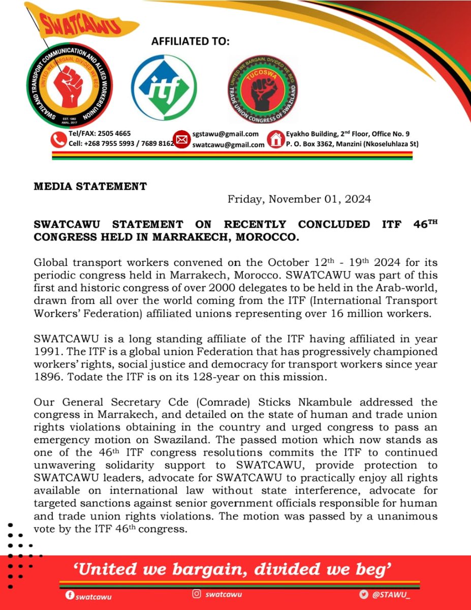 STAWU_'s tweet image. SWATCAWU statement on the recently concluded ITF 46th Congress held in Marrakech, Morocco.  

#SWATCAWU 
#WeAreITF 
#Working-classAgenda 
#SWATCAWU  
#❤️💛💚🤍🖤