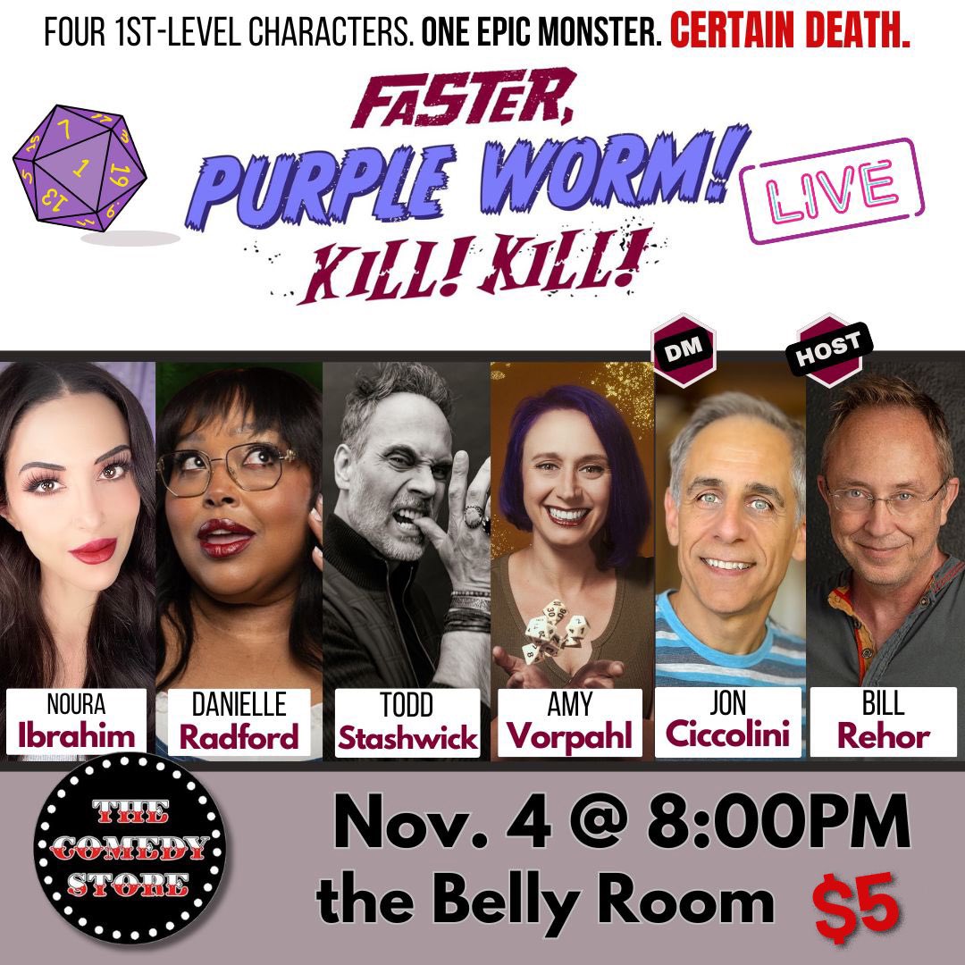 BeadleAndGrimms's tweet photo. Well it’s that time of year when prices get slashed, and ticket prices are no exception! If you’re in LA, come see Faster, Purple Worm! LIVE! @TheComedyStore, Nov. 4th! Now only $5 #fpwkk #dndlive https://t.co/AVQdzb6YbI