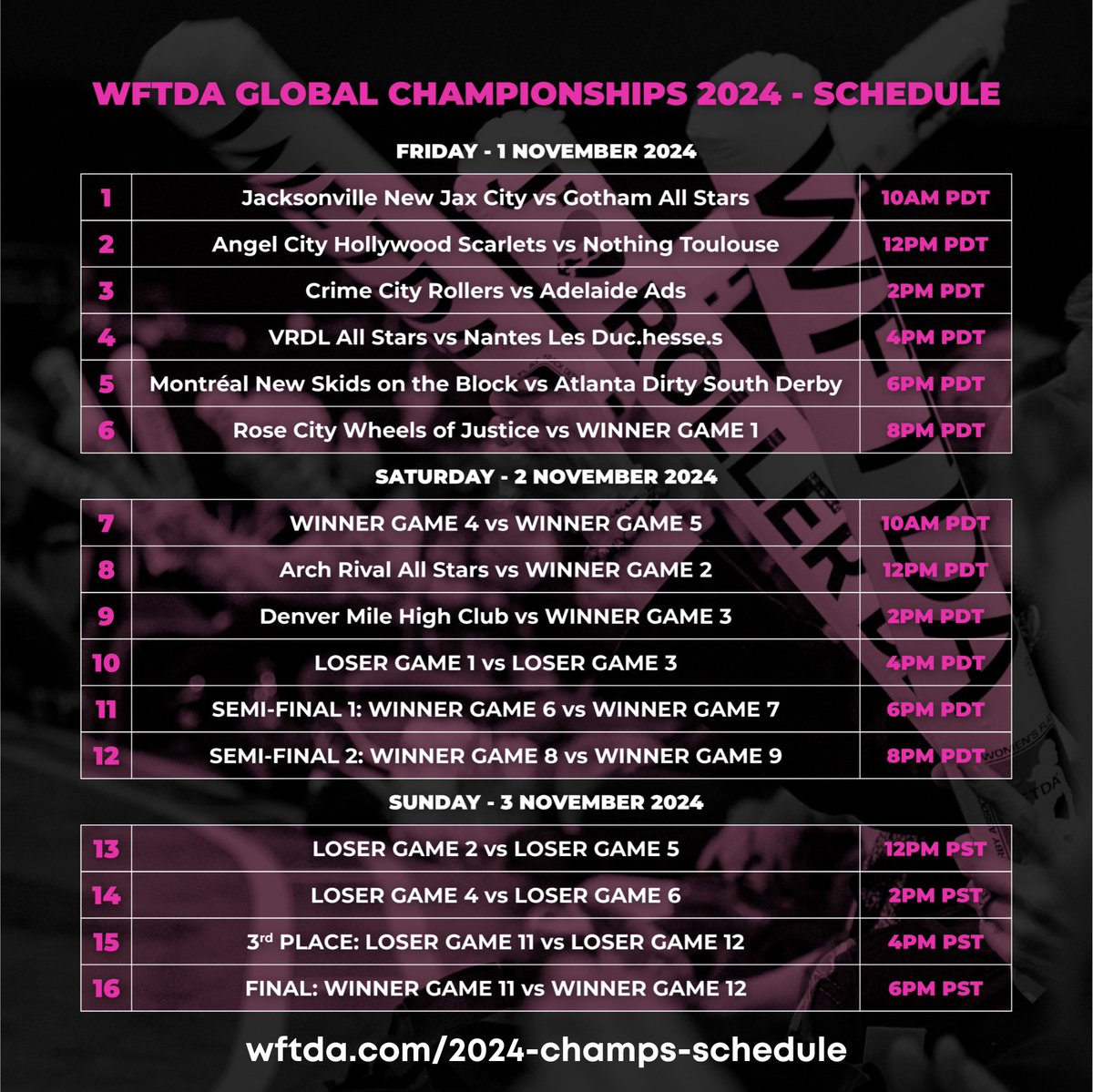🎉The 2024 WFTDA Global Championships start today! Here's the schedule for the weekend. You can find scores and schedule updates at wftda.com/2024-champs-sc….

Can't be there in person? Get your watch pass and watch live at sporfie.com/wftda!