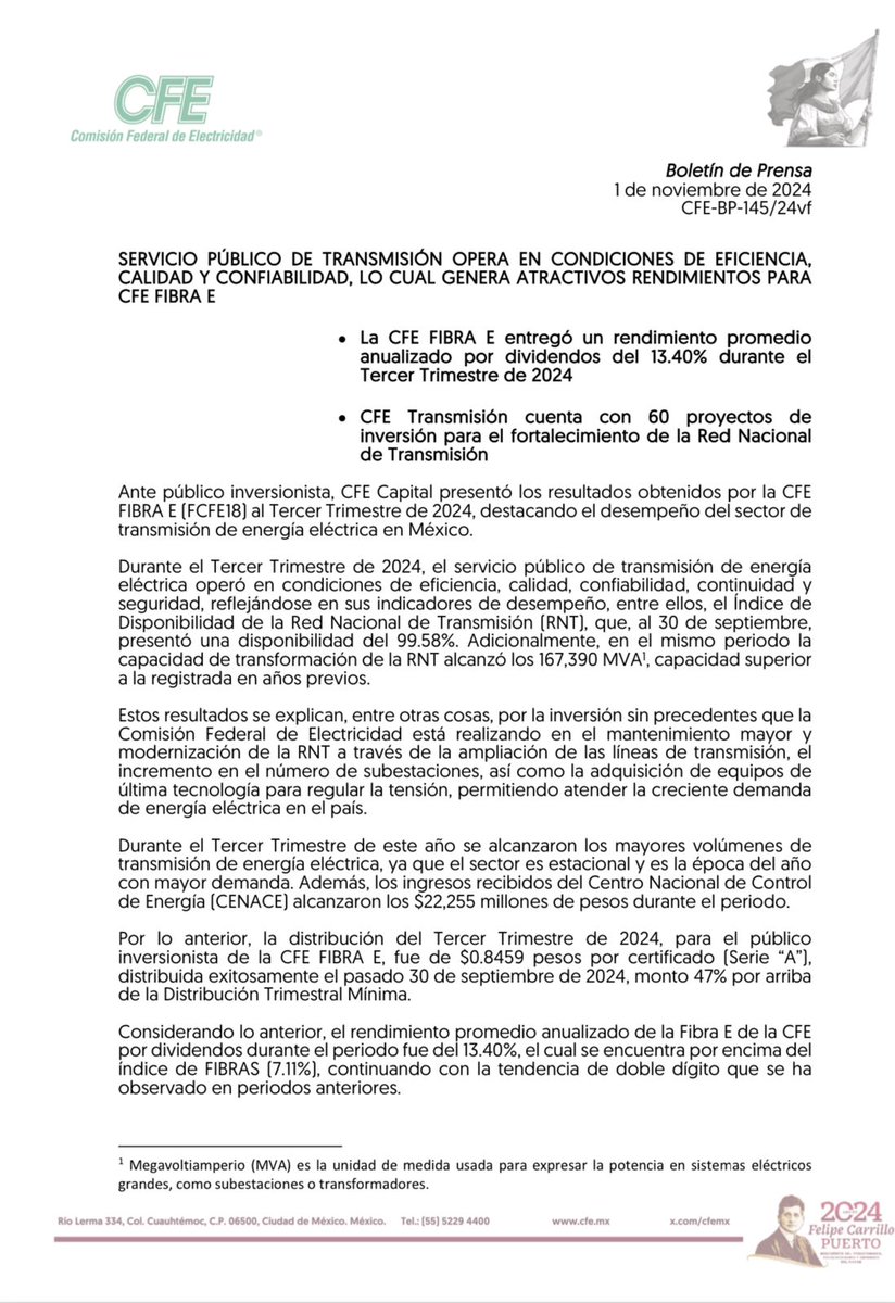 CFEmx's tweet photo. 📄#Boletín | Ante público inversionista, CFECapital presentó los resultados obtenidos por la CFE FIBRA E al Tercer Trimestre de 2024. Entregó un rendimiento promedio anualizado por dividendos del 13.40%. https://t.co/kZgfgLfKRi https://t.co/THCZkOhV5U