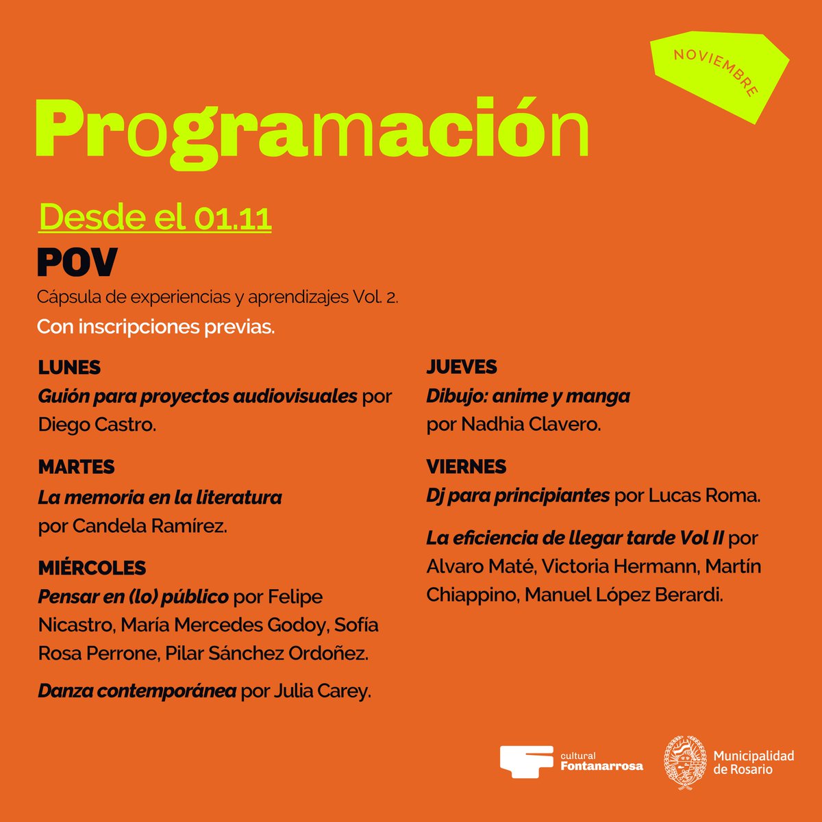 #Noviembre en el Fontanarrosa!
Miren que fiesta y agenda <a href="/muni_rosario/">municipiorosario</a> tiene preparada en el Cultural!
😄Sáb 9 <a href="/FabBallarini/">Fabricio Ballarini</a> presenta "Me hackearon el cerebro"
💡8 al 10 <a href="/swrosario_/">Startup Weekend Rosario</a> StartUp weekend
❤️22 al 26 #FestivalFontanarrosa
👉Vie 29 <a href="/alexkohan/">Alexandra Kohan</a> en #POV
<a href="/CulturaRosario/">CulturaRosario</a>
