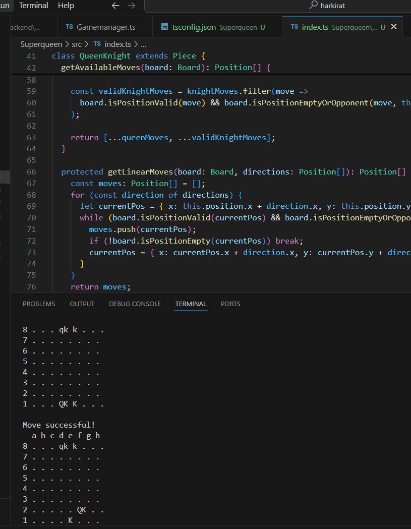 StackMaverick's tweet image. Just finished building the QueenKnight class,💻👑 Ready to show off this new power move on the board. #CodeComplete #ChessLogic #ProgrammingWin 🛠️✨(PS:DSA really helps....)