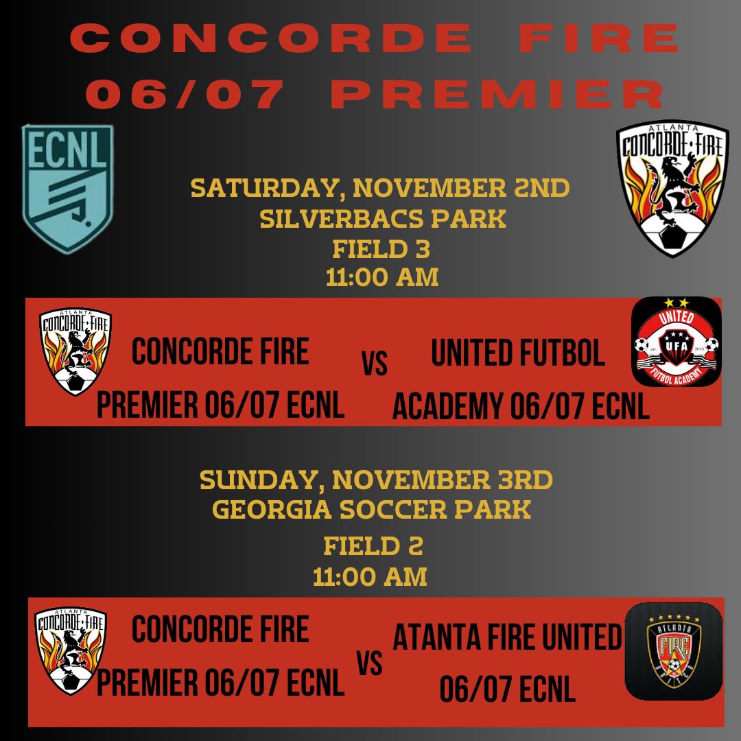 Concorde Fire 06/07 Premier ECNL (@cf06premierecnl) on Twitter photo A GREAT weekend of soccer is coming up! GO FIRE!!!!🔥
<a href="/ConcordeSoccer/">Concorde Fire Soccer</a> <a href="/ECNLgirls/">ECNL Girls</a> <a href="/ECNLSoutheast/">ECNL Southeast Girls</a> <a href="/ImYouthSoccer/">ECNL/GA/Recruiting/College Soccer</a> <a href="/ImCollegeSoccer/">College Soccer Truth ™</a> A GREAT weekend of soccer is coming up! GO FIRE!!!!🔥
<a href="/ConcordeSoccer/">Concorde Fire Soccer</a> <a href="/ECNLgirls/">ECNL Girls</a> <a href="/ECNLSoutheast/">ECNL Southeast Girls</a> <a href="/ImYouthSoccer/">ECNL/GA/Recruiting/College Soccer</a> <a href="/ImCollegeSoccer/">College Soccer Truth ™</a>