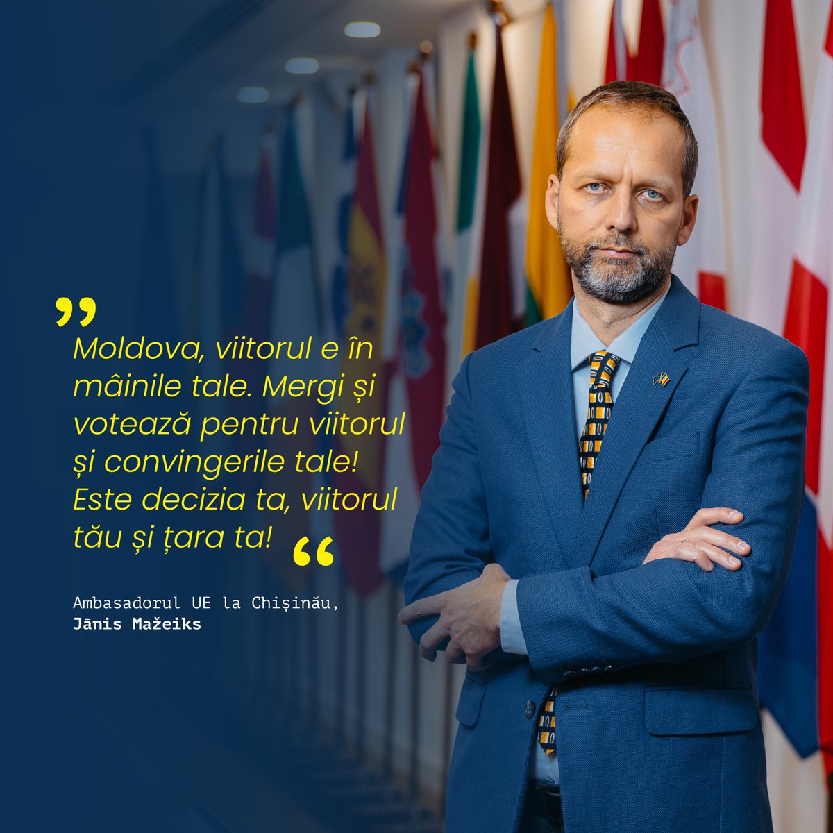 EUinMoldova's tweet photo. Ahead of the 3 November election, the EU Ambassador to Moldova, Jānis Mažeiks, shared a message for Moldovan citizens: ”Moldova, your future is in your hands. Go to the polls, vote for your future, vote for your convictions. This is your choice, your country, your future.” ⭐️ https://t.co/o0wePNqqTf