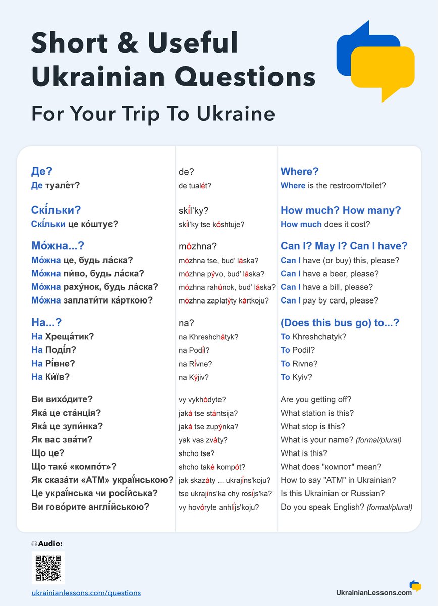 🔖 Check out short and useful Ukrainian questions that will help you to use the transportation, dine out, and discover Ukraine!

Listen to our audio, practice pronunciation, and download a printable cheat sheet at ukrainianlessons.com/useful-ukraini…