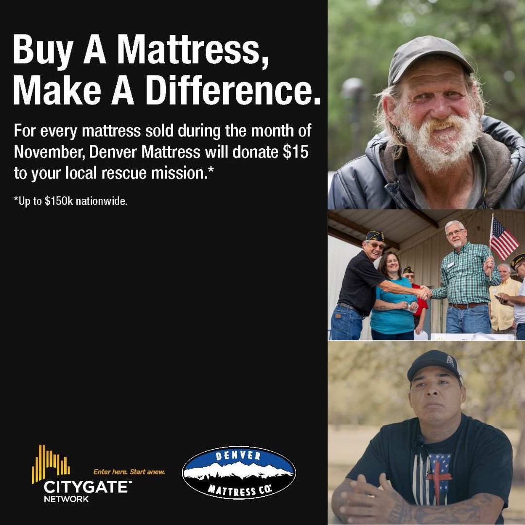 FaithMissionWF's tweet photo. This November, @denvermattress will donate $15 from every mattress sold to @citygatenetwork (up to $150,000) to support shelters like Wichita Falls Faith Mission in aiding the homeless and those in recovery. Spread the word—every mattress counts! #MattressWithAMission https://t.co/q8o7nFMKZS