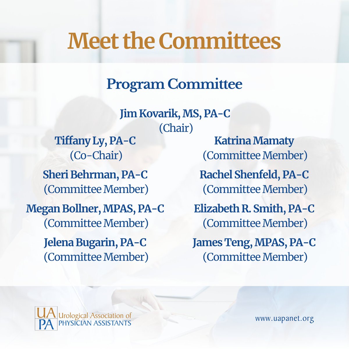 UAPAtweets's tweet photo. Meet the dedicated individuals driving the UAPA forward! Our committees are composed of passionate urology PAs who are committed to advancing our profession. Learn more about their work: https://t.co/DekWta8G98
#UAPA #Committees #UrologyPA #Leadership https://t.co/ZtkiStYuBJ
