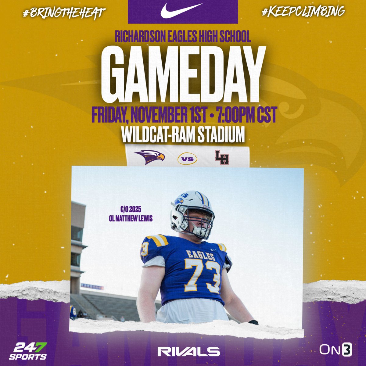 Game Day! Come out and support your Eagles tonight at 7pm. #KeepClimbing 💜💛🦅