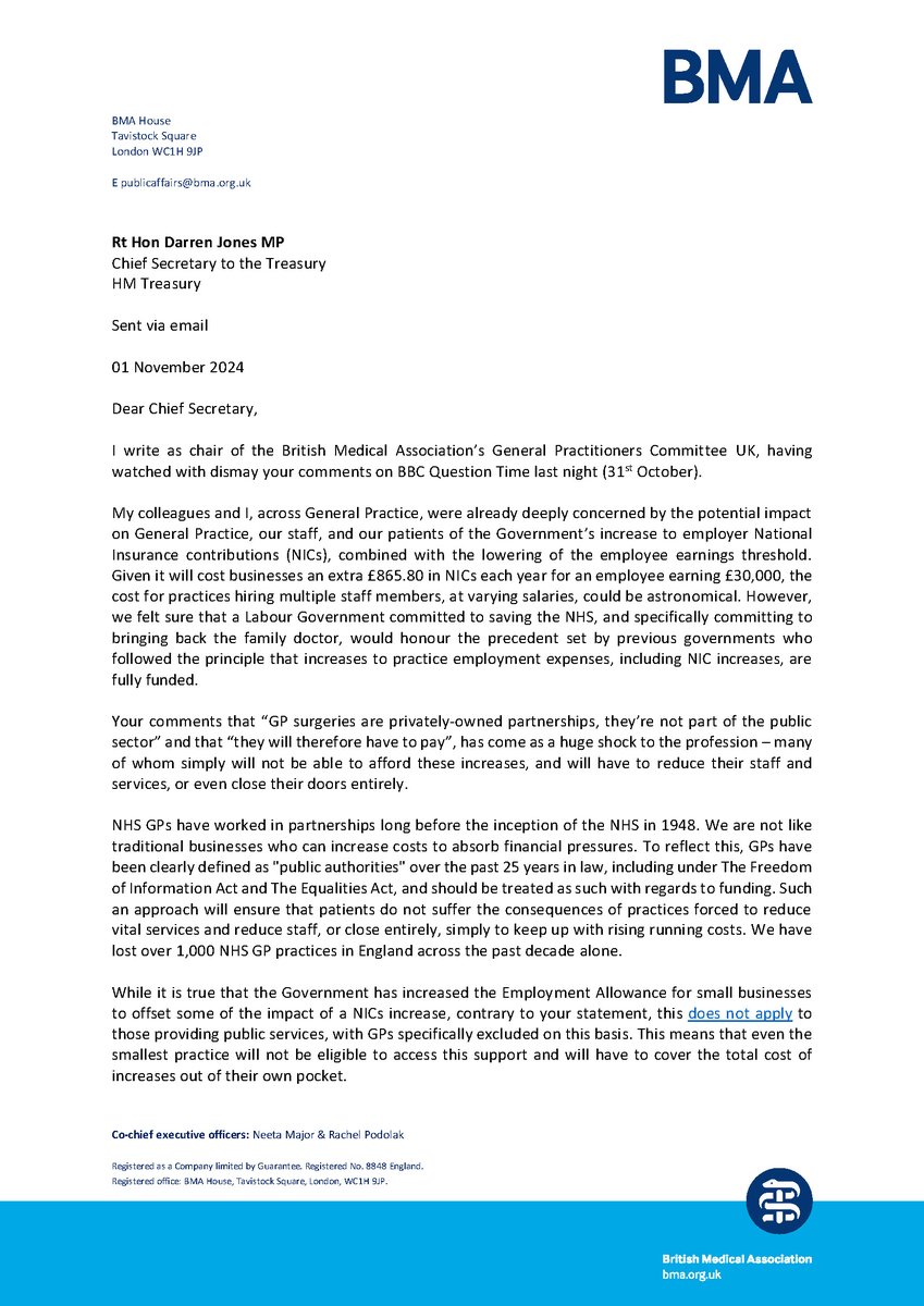 BMA_GP's tweet photo. Higher NI contributions could force many GP surgeries to close or cut services.

After dismaying comments made last night, @doctor_katie has written to @darrenpjones calling on the Govt to provide absolute certainty that GPs will be exempt from the increase and reimbursed in full https://t.co/ex97lVKhUC